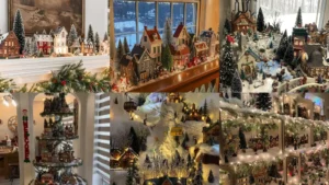 20 Christmas Village Display Ideas With Snowy Shelves and Little Lights